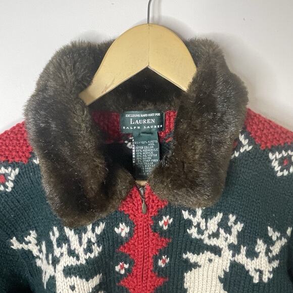 VTG Ralph Lauren Handknit Reindeer Wool Sweater Cardigan Faux Fur Holiday Sz S/M - Picture 10 of 16
